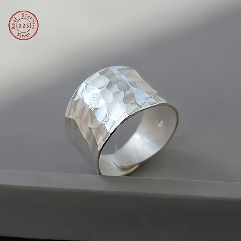 Elegant 925 Silver Hand-hammered Wide Ring, Adjustable Ring for Women, Wide Face Ring for Men, Retro And Simple, Suitable for Daily Party Wear, Birthday, Mother's Day, Father's Day, Valentine's Day, Graduation Gift